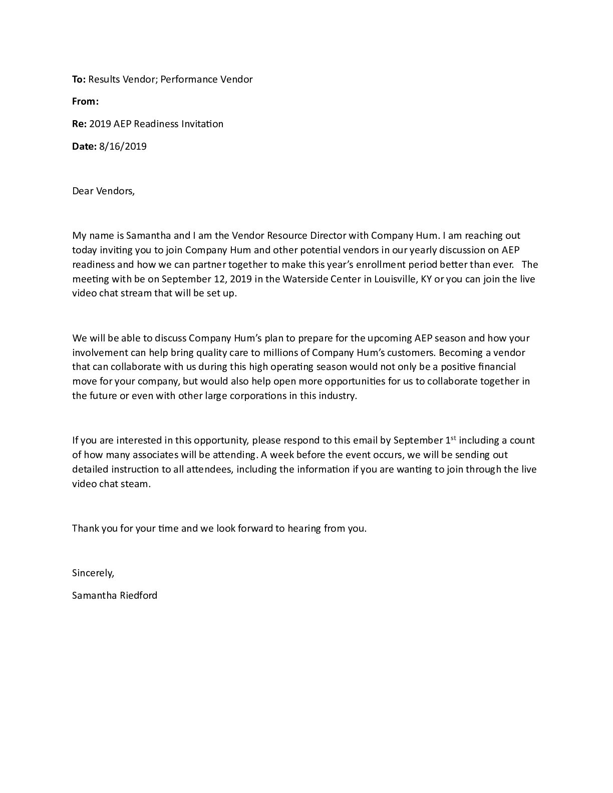 Preview of Riedford C716- Meeting Invite.docx  To: Results Vendor; Performance Vendor  From:   Re: 20